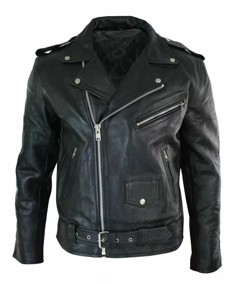 Men’s Motorcycle Leather jacket Genuine Buffalo Skin Brando Style BlackBiker New