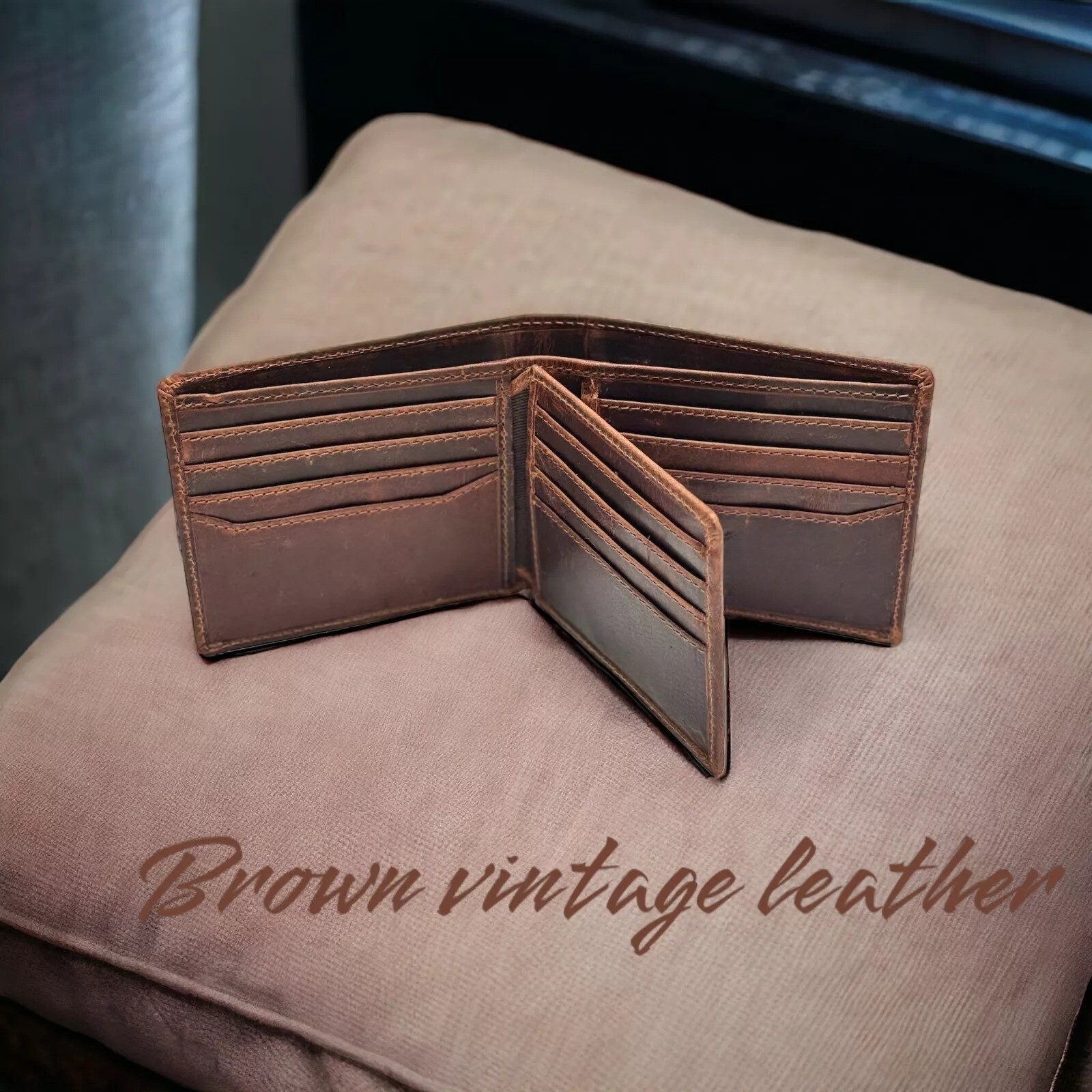 RFID Blocking Brown Vintage Leather Men’s Bifold Center Flap Wallet