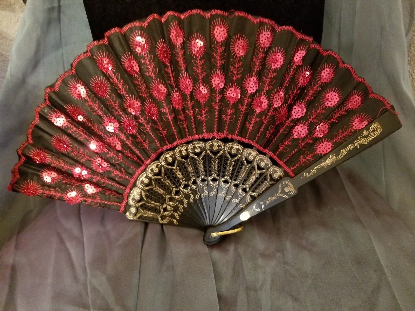 Fabric Embroidered Folding Handheld Fan Sequins Party Bridals Wedding USA Seller