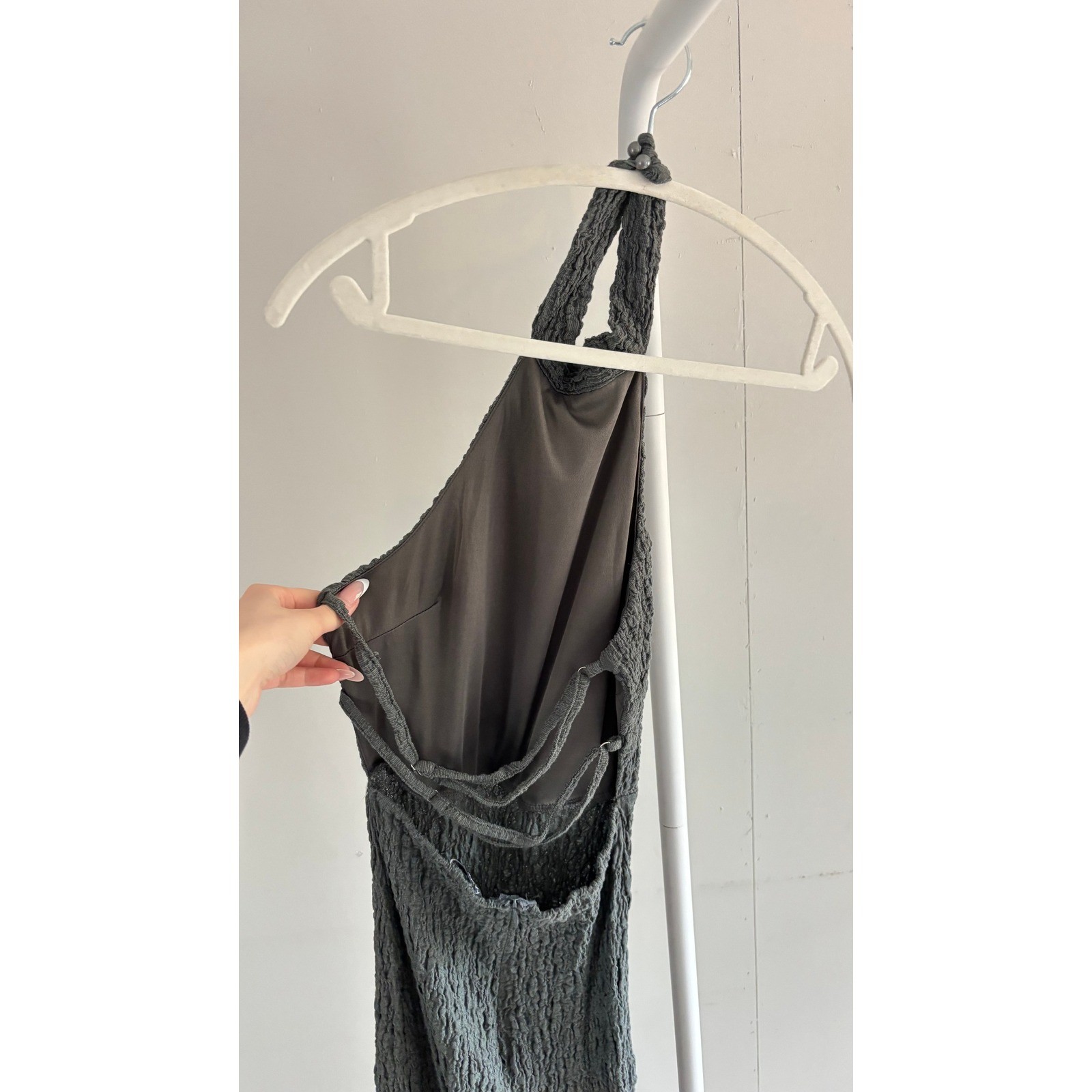 Fashion Nova Popcorn Texture Halter Maxi Dress Women Charcoal Grey