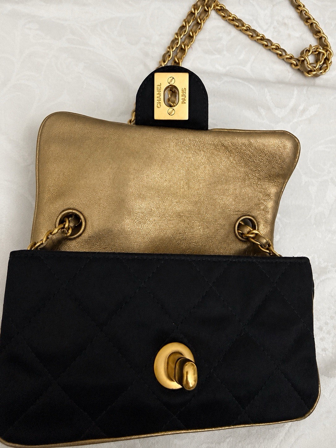 Vintage Chanel Extra Mini Satin Flap Bag Black Gold Chain Crossbody Rare
