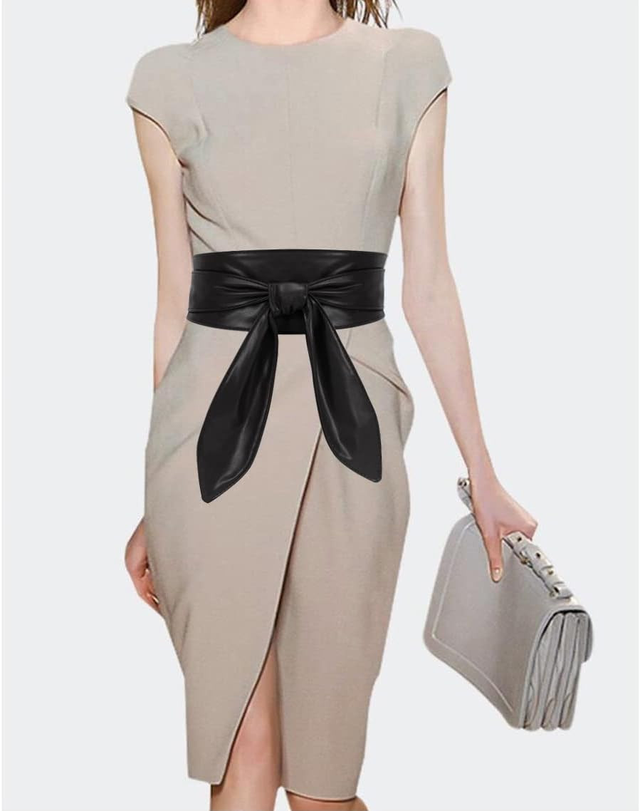 Women Obi Belt Bow Tie Wrap Wide Waistband Faux Leather Wide Cinch Belt for Dres