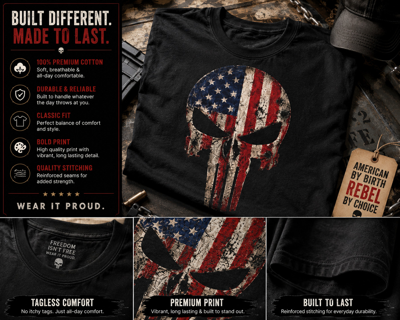 Mens American Flag Skull Punisher Style T Shirt Patriotic Tee Black