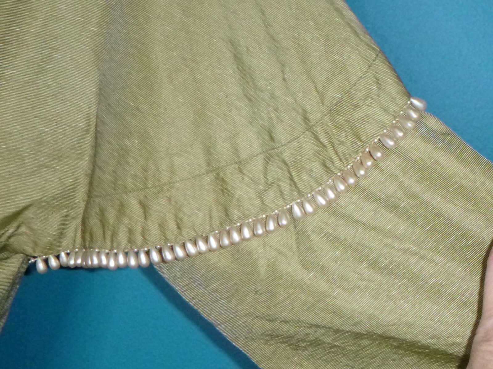Vtg 50s Shawl Collar Dress Khaki Satin Fabric Teardrop Pearl Bead Accents Sz S