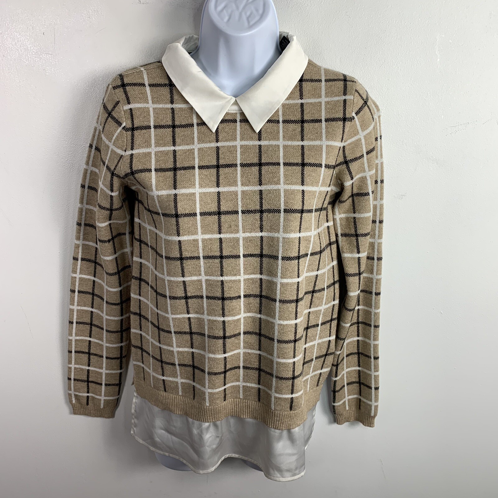 Tahari Sweater sz XS Beige White Plaid Old Money Ivy League Heritage Classic