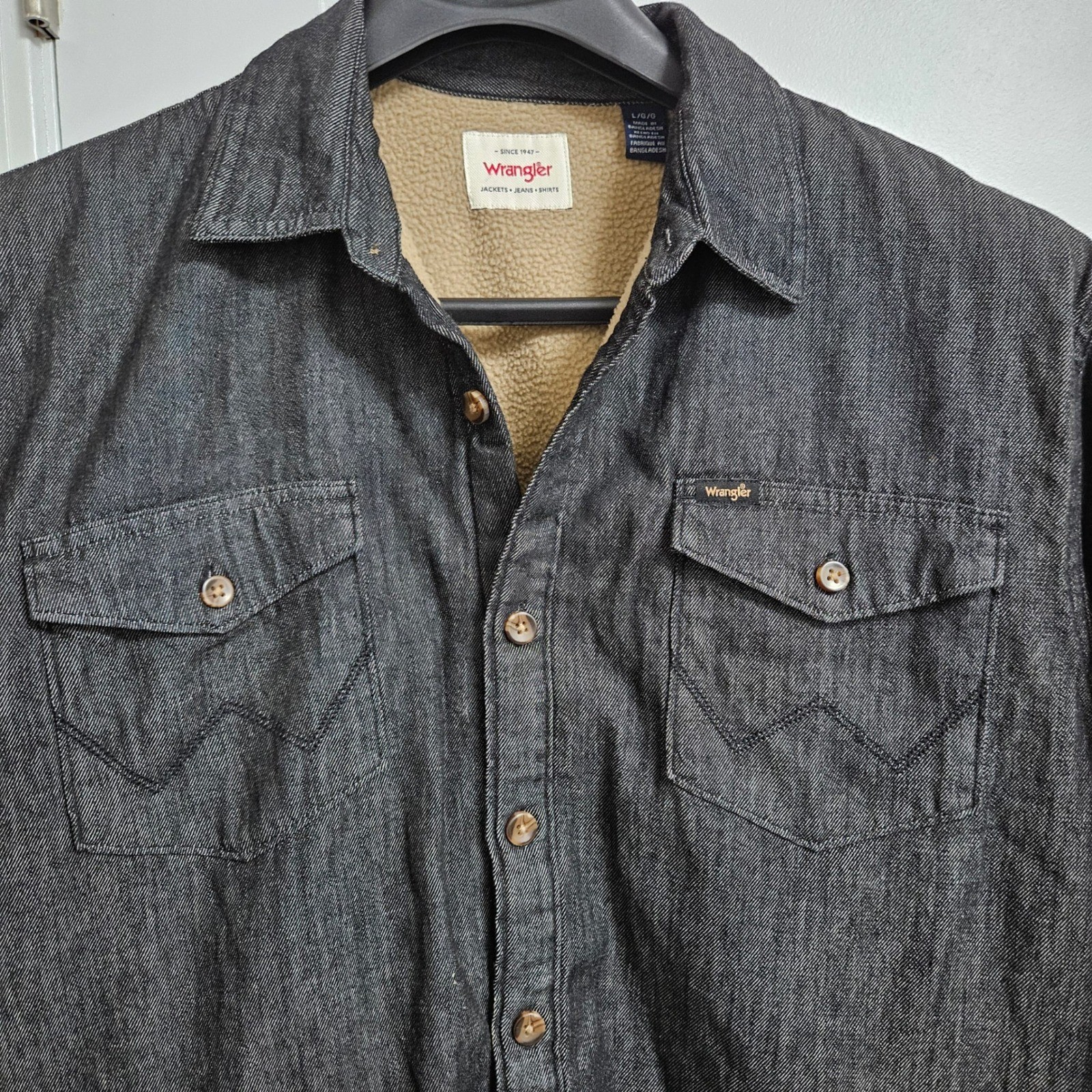Wrangler Shirt Jacket Mens L Black Denim Sherpa Lined Workwear Western Rugged