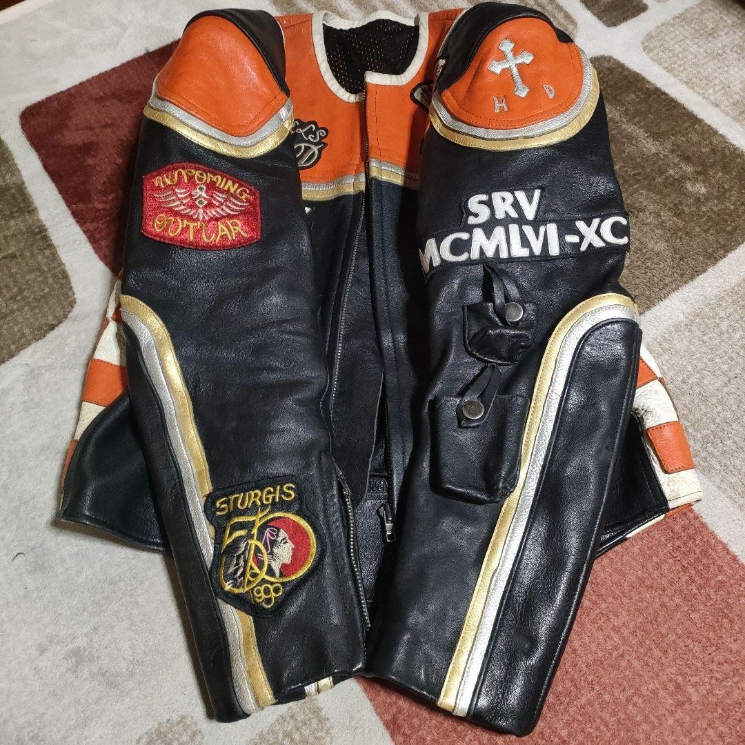 HARLEY DAVIDSON Marlboro Man Leather Jacket Black Orange Biker Mens