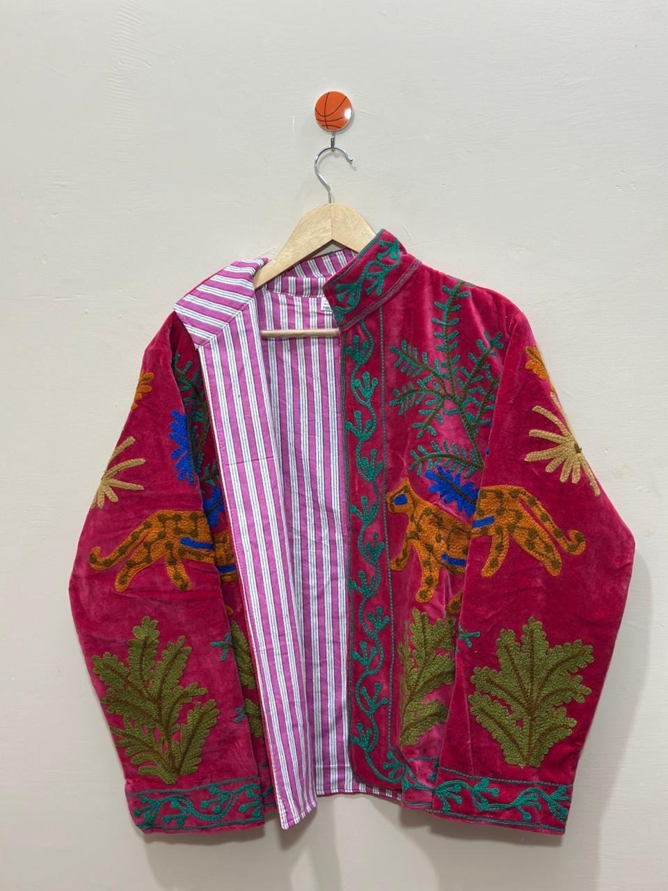 Pink Velvet Suzani Jacket Leopard Animal Embroidered Ethnic Women Boho Coat US