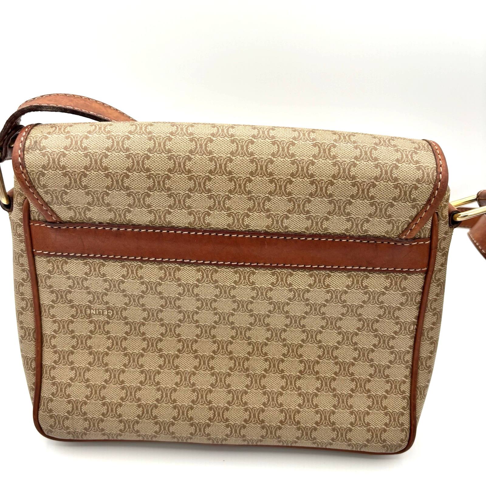 CELINE Macadam Canvas Shoulder Bag PVC Beige Gold Authentic 0046