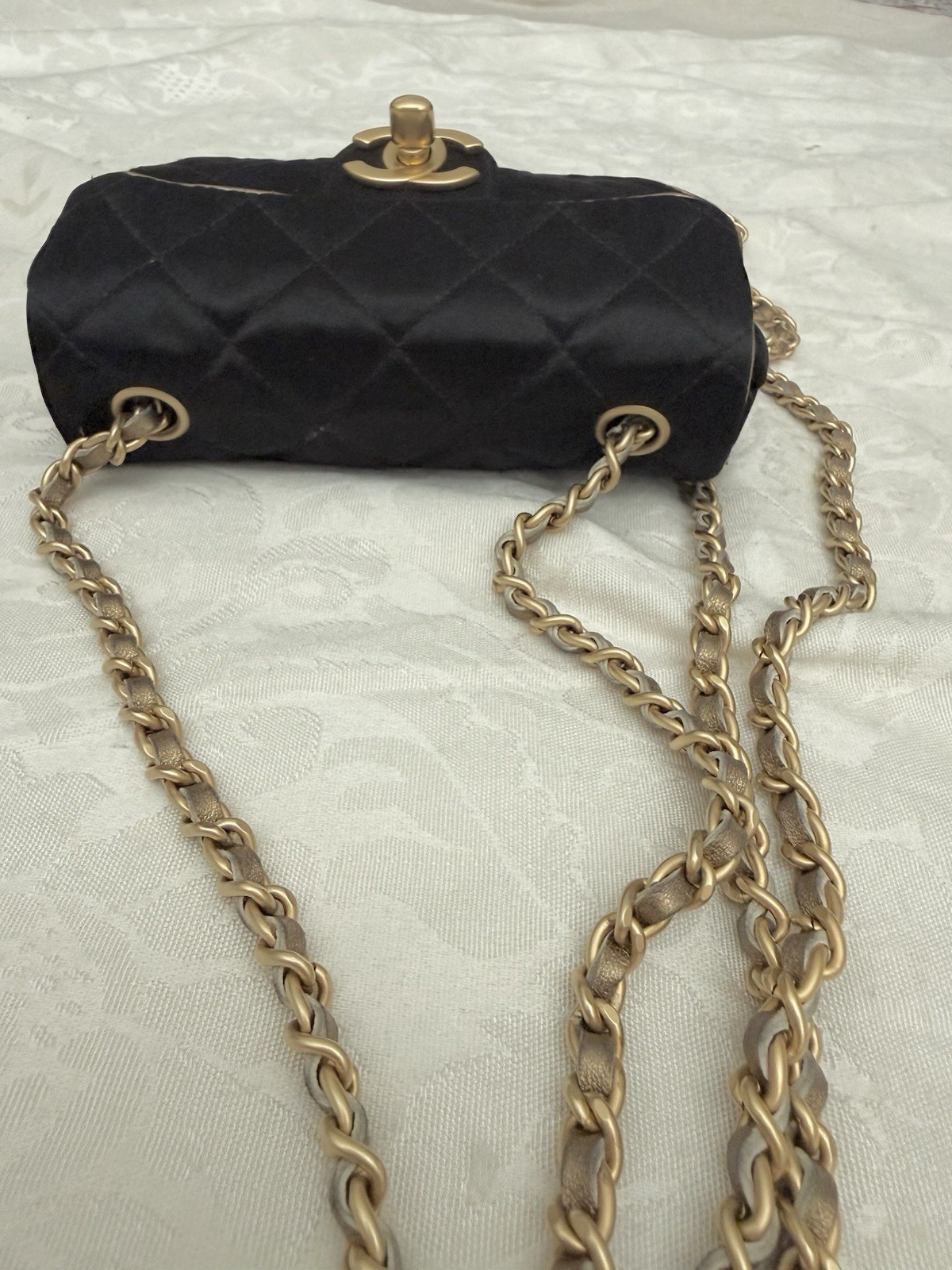 Vintage Chanel Extra Mini Satin Flap Bag Black Gold Chain Crossbody Rare