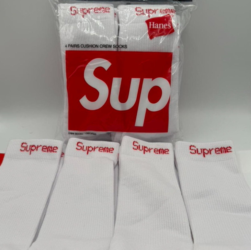 Supreme X Hanes Crew Socks – White, Pack of 4, Size 6-12