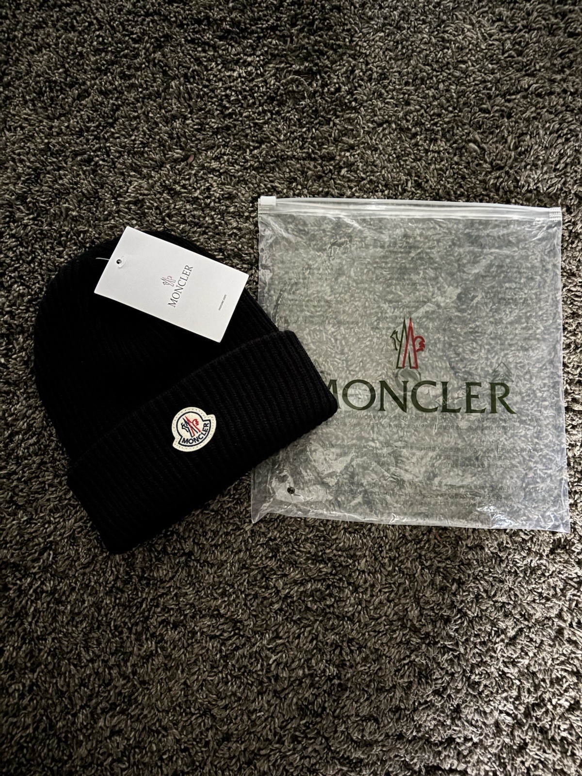 Moncler Men’s Black Solid Beanie Hat One Size with Logo Patch