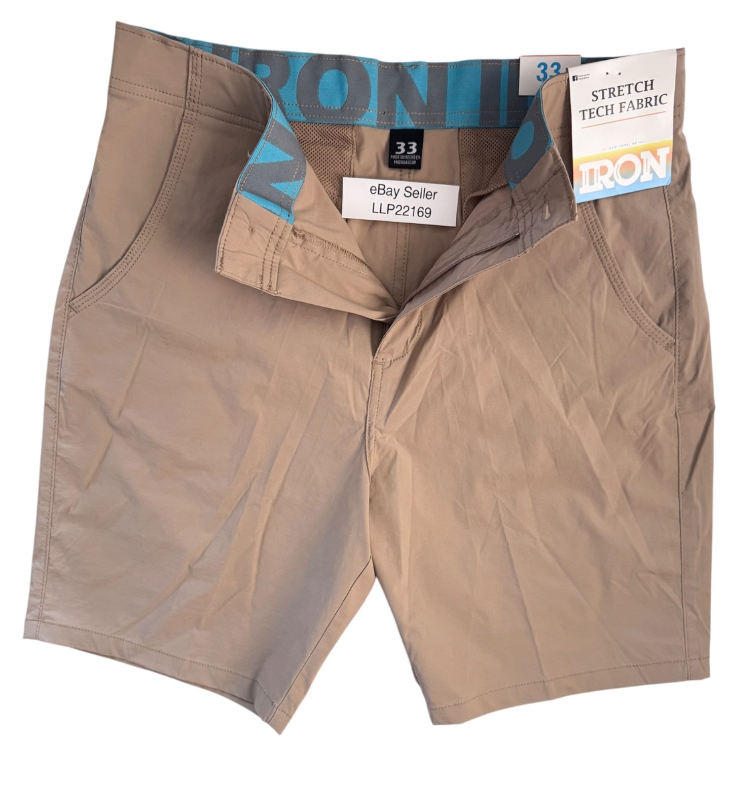 IRON CO Men’s Stretch Nylon Tech Fabric Shorts SIZE 33 Flex Waist SANDSTONE New!