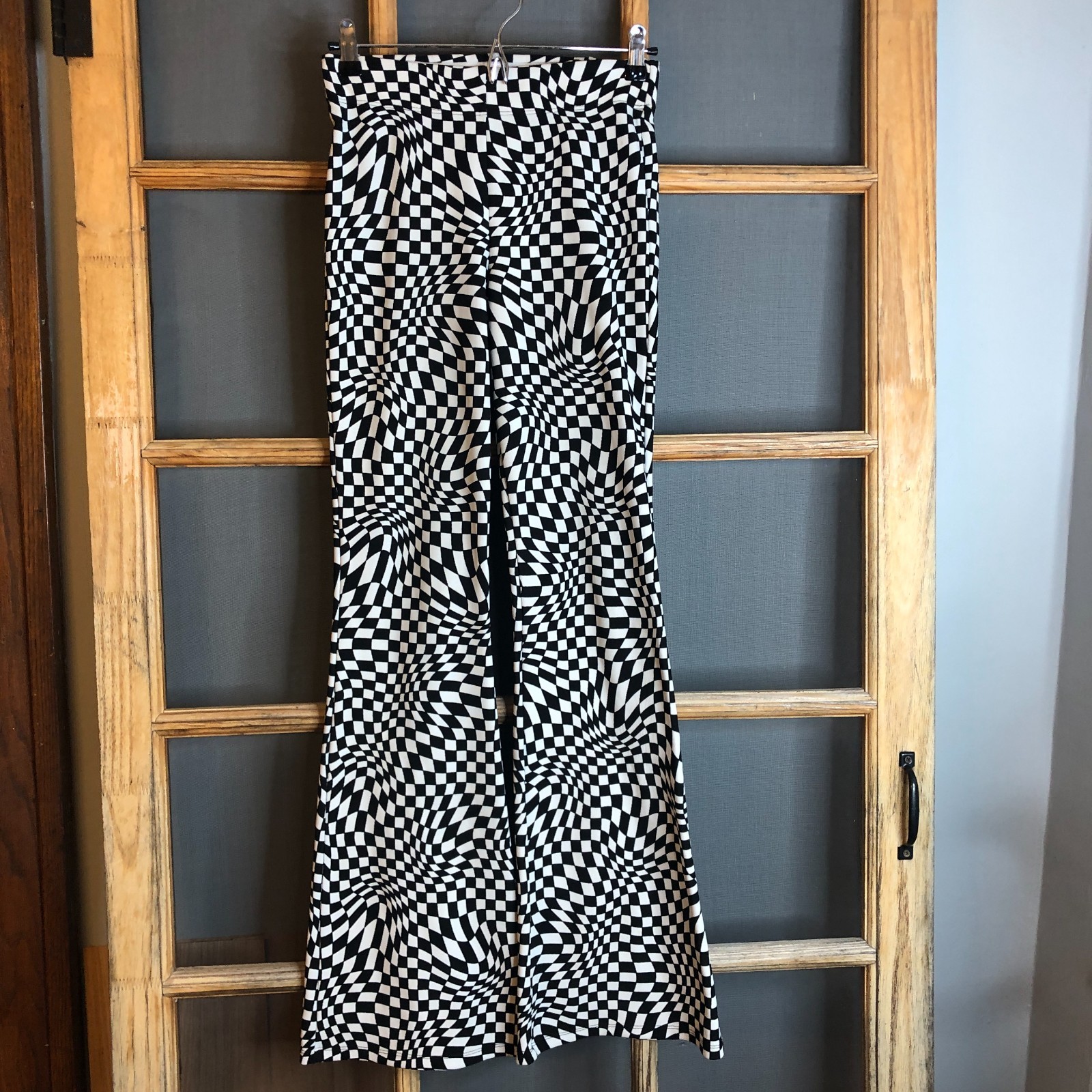 Garage Womens XS Black White Warped Checker Bell Bottom Flare Pants Disco 70s