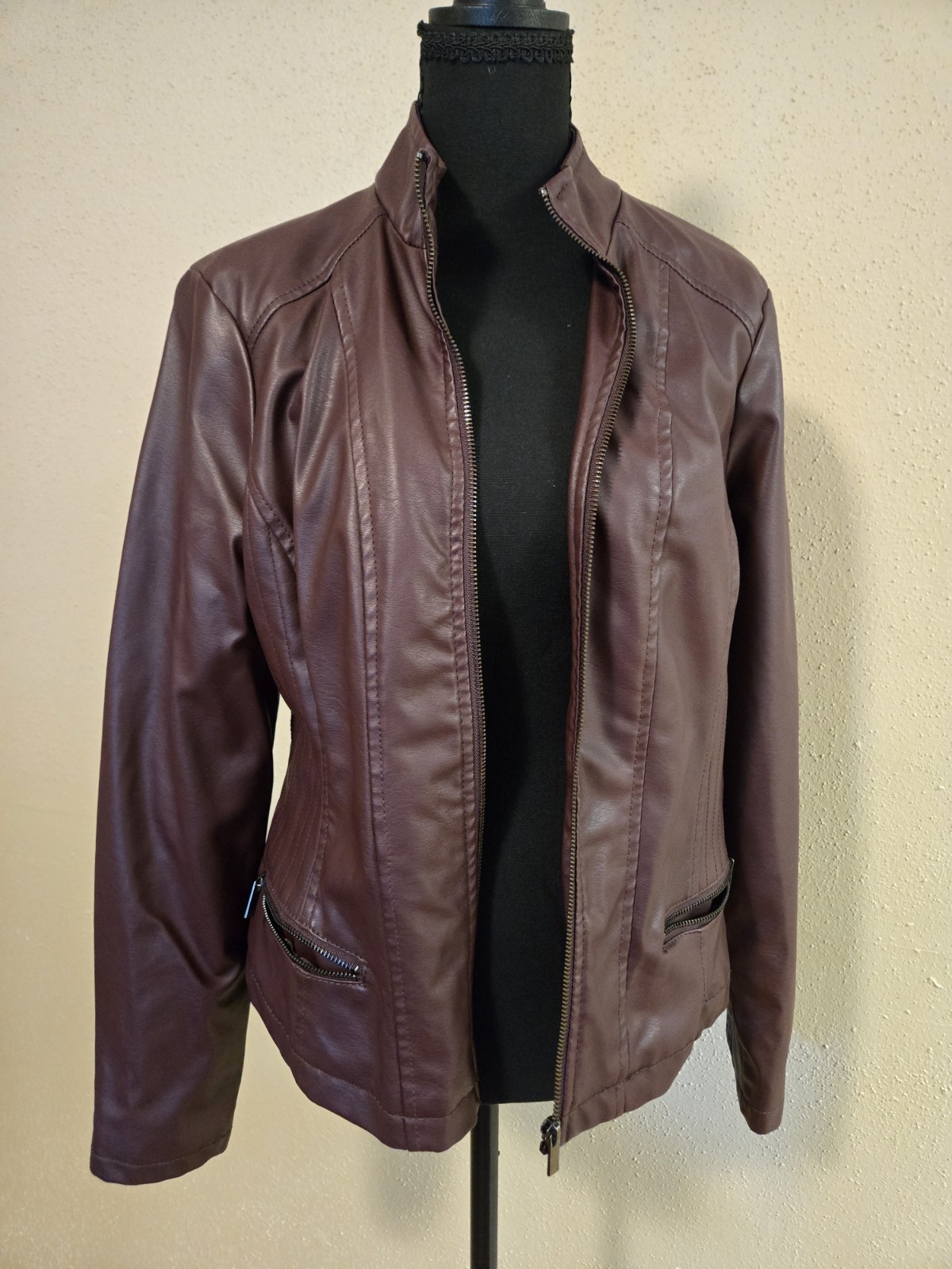MISS LILI Women’s Burgundy Full-Zip Jacket Pockets Lined Long Sleeve M