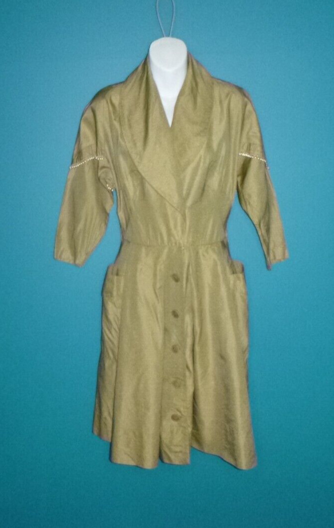 Vtg 50s Shawl Collar Dress Khaki Satin Fabric Teardrop Pearl Bead Accents Sz S
