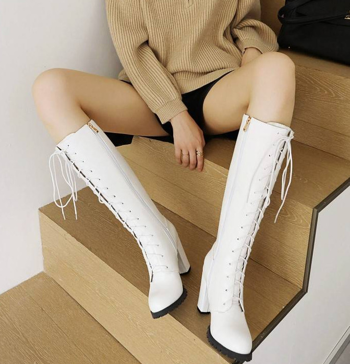 Women’s Round Toe Lace Up Knee High Boots Block Heels Side Zipper Fashion Shoes