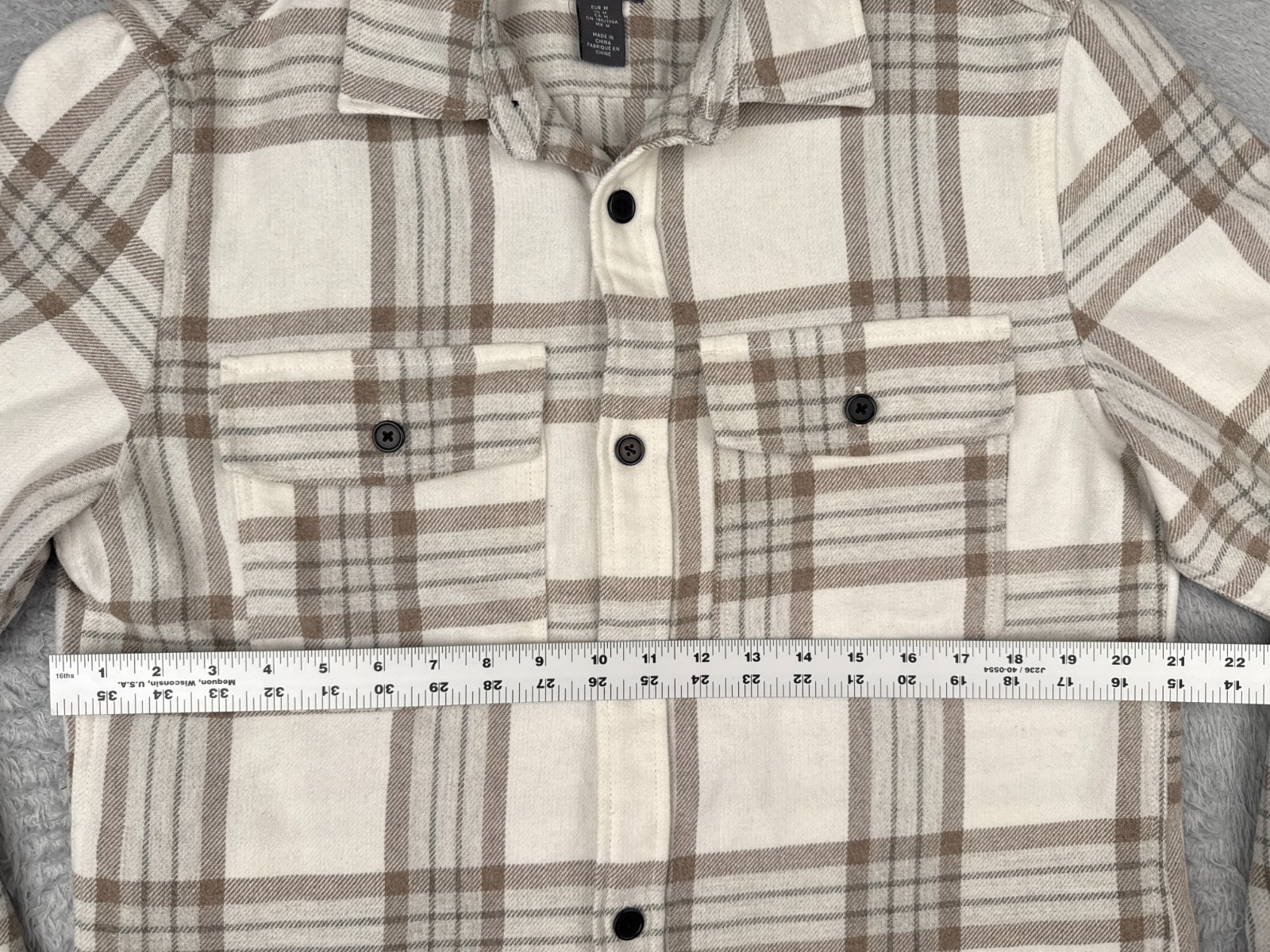 H&M Shirt Men Medium Beige White Plaid Flannel Poly Wool Blend Button Up Pockets