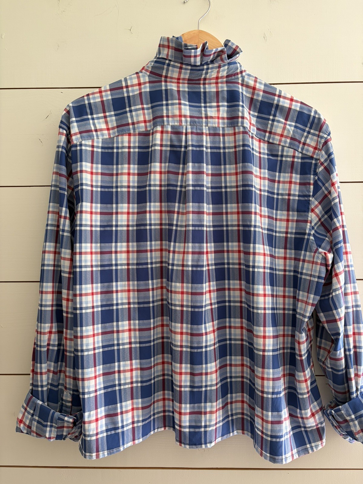 Viral Reworked Upcycled VINEYARD VINES Red Plaid Shirt Ruffle Collar, Large