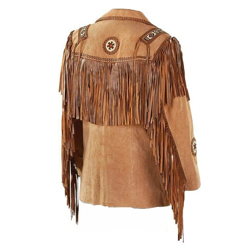 Men Western Cowboy Suede Fringe Jacket Beaded Native American Jacket Leather SL