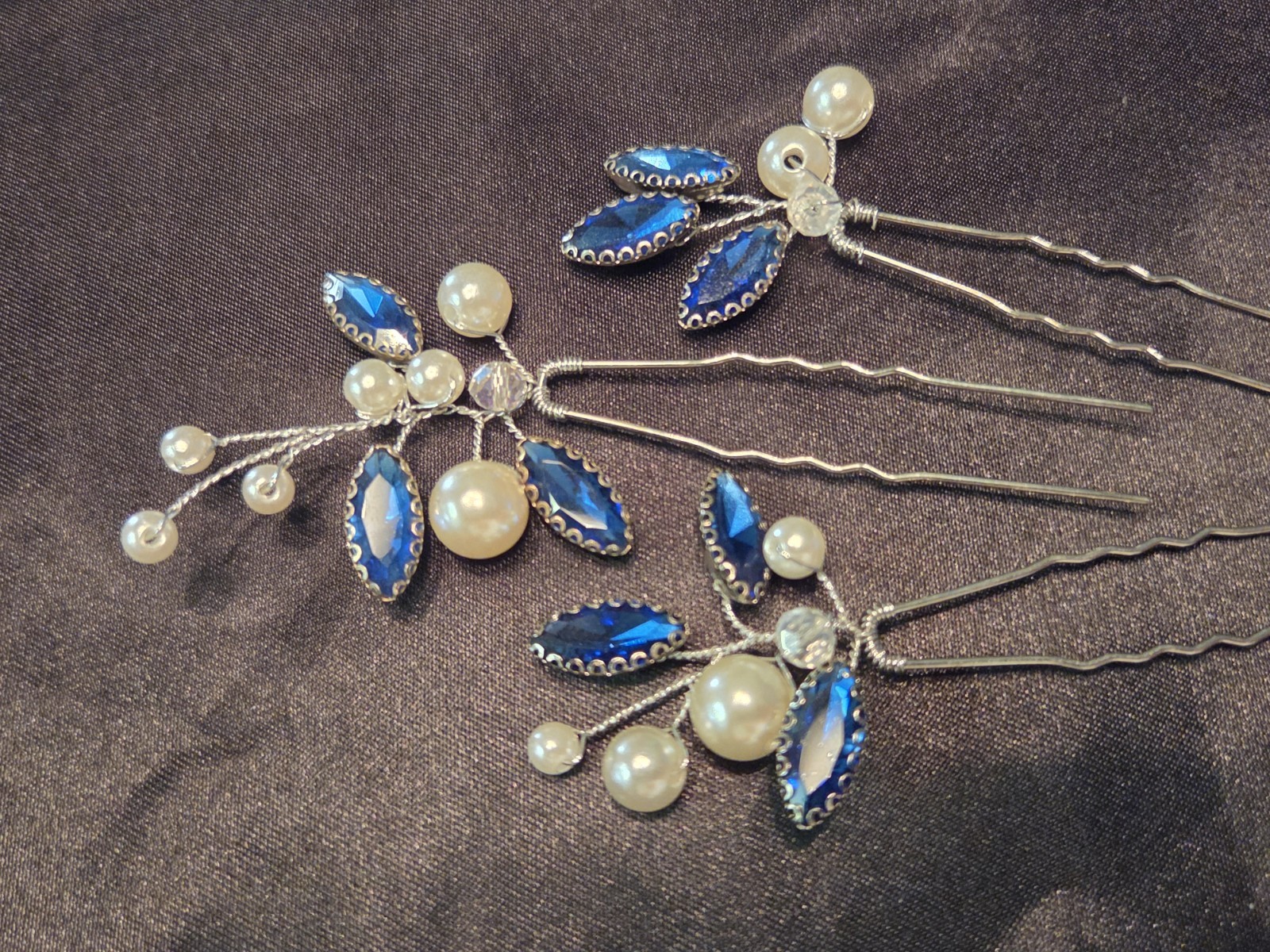3-Piece Floral Hair Pin Set Blue Rhinestone Faux Pearl Metal U-Shaped Sticks