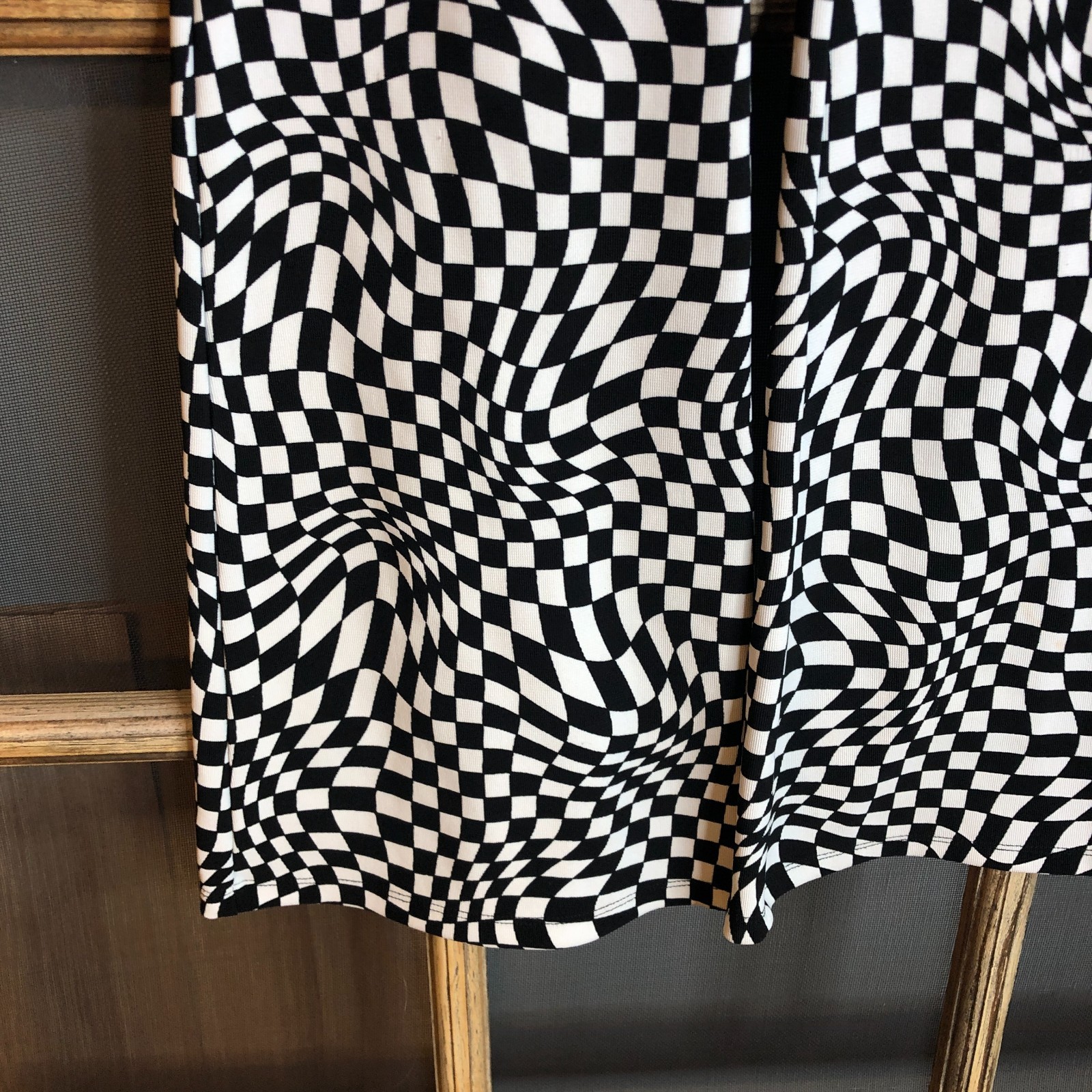 Garage Womens XS Black White Warped Checker Bell Bottom Flare Pants Disco 70s