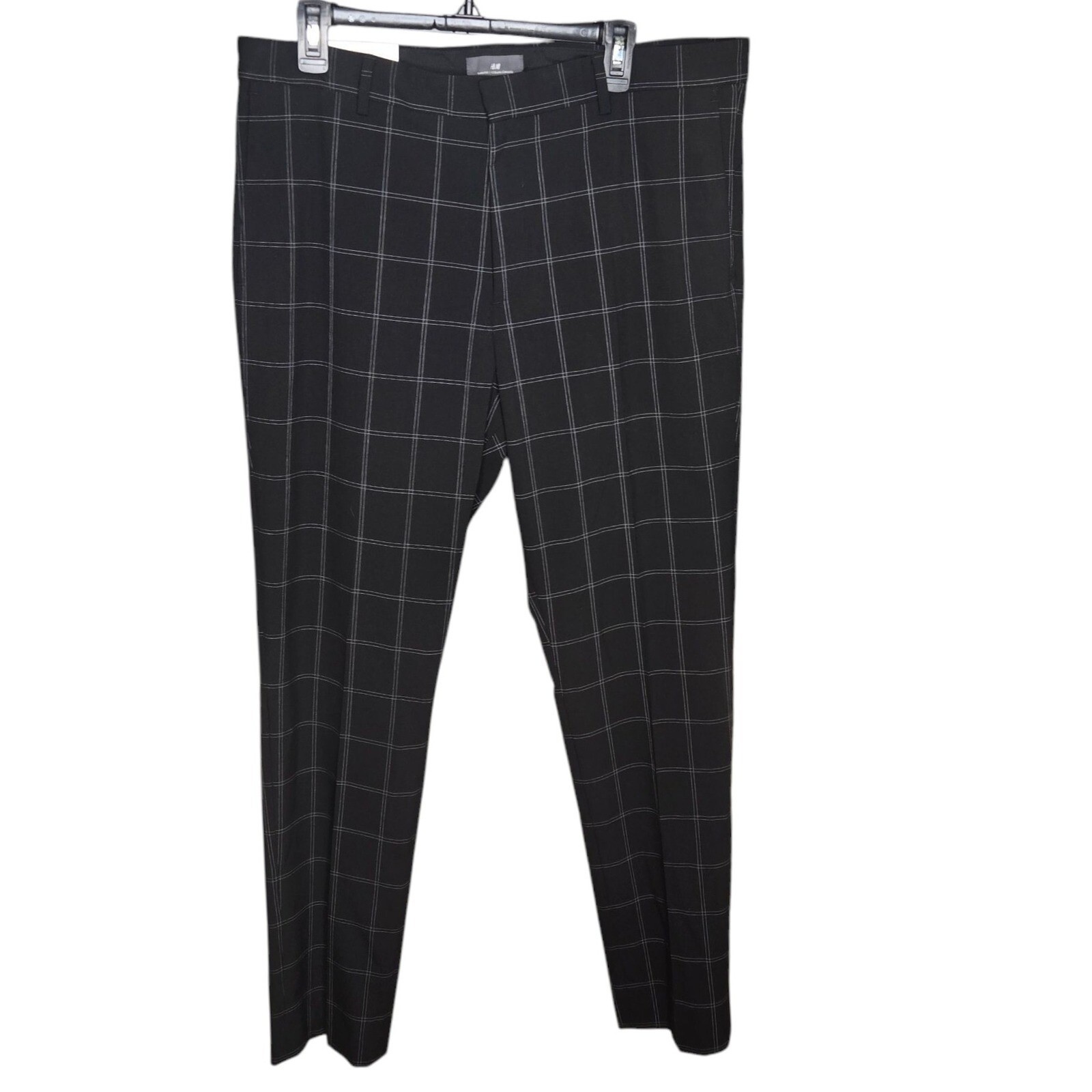 H&M Slim Fit Plaid Career Pants Black Checkered Trousers Womens US 36