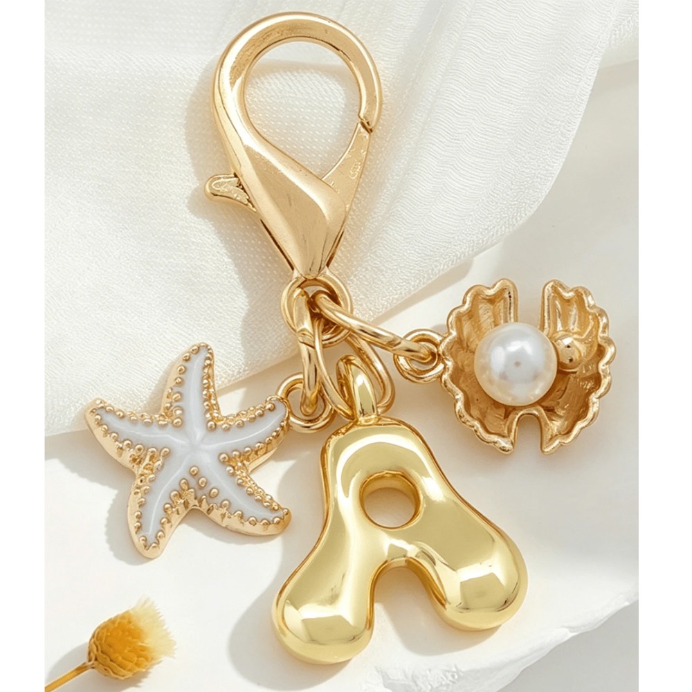 1PCS A-Z Gold Bubble Alphabet Keychain Starfish Shell Bag Charm Gift for Women