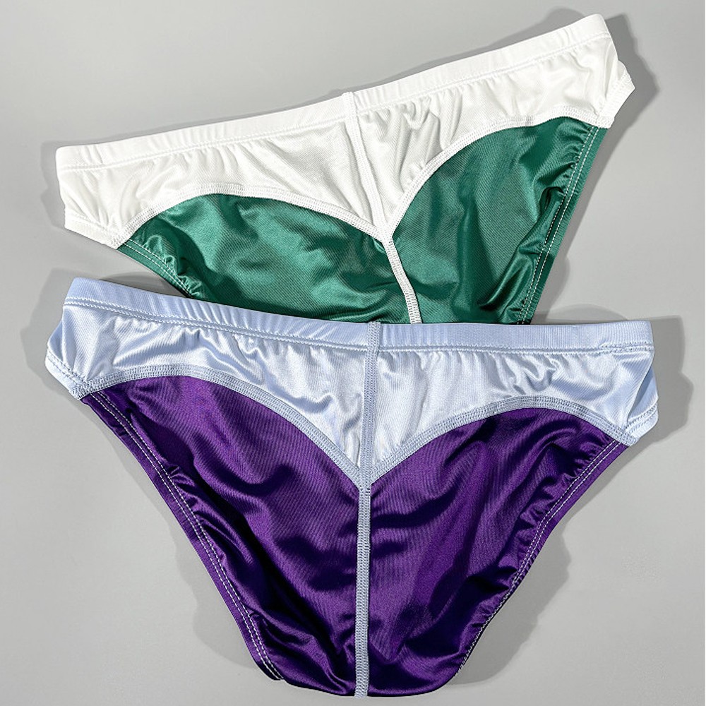 Men Sexy Satin Smooth Underwear Breathable Low-Waist Underpants Patchwork Briefs