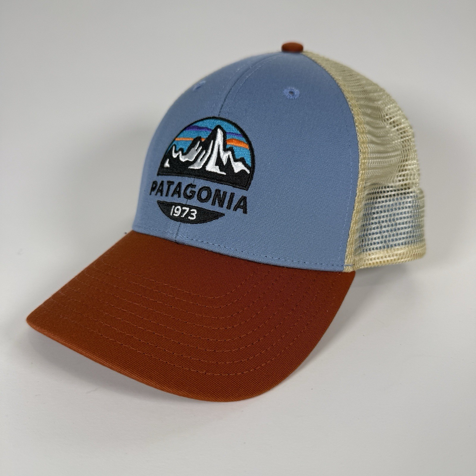 PATAGONIA Fitz Roy Lo-Pro Trucker Hat Mesh Orange Blue Embroidered Mountain Logo
