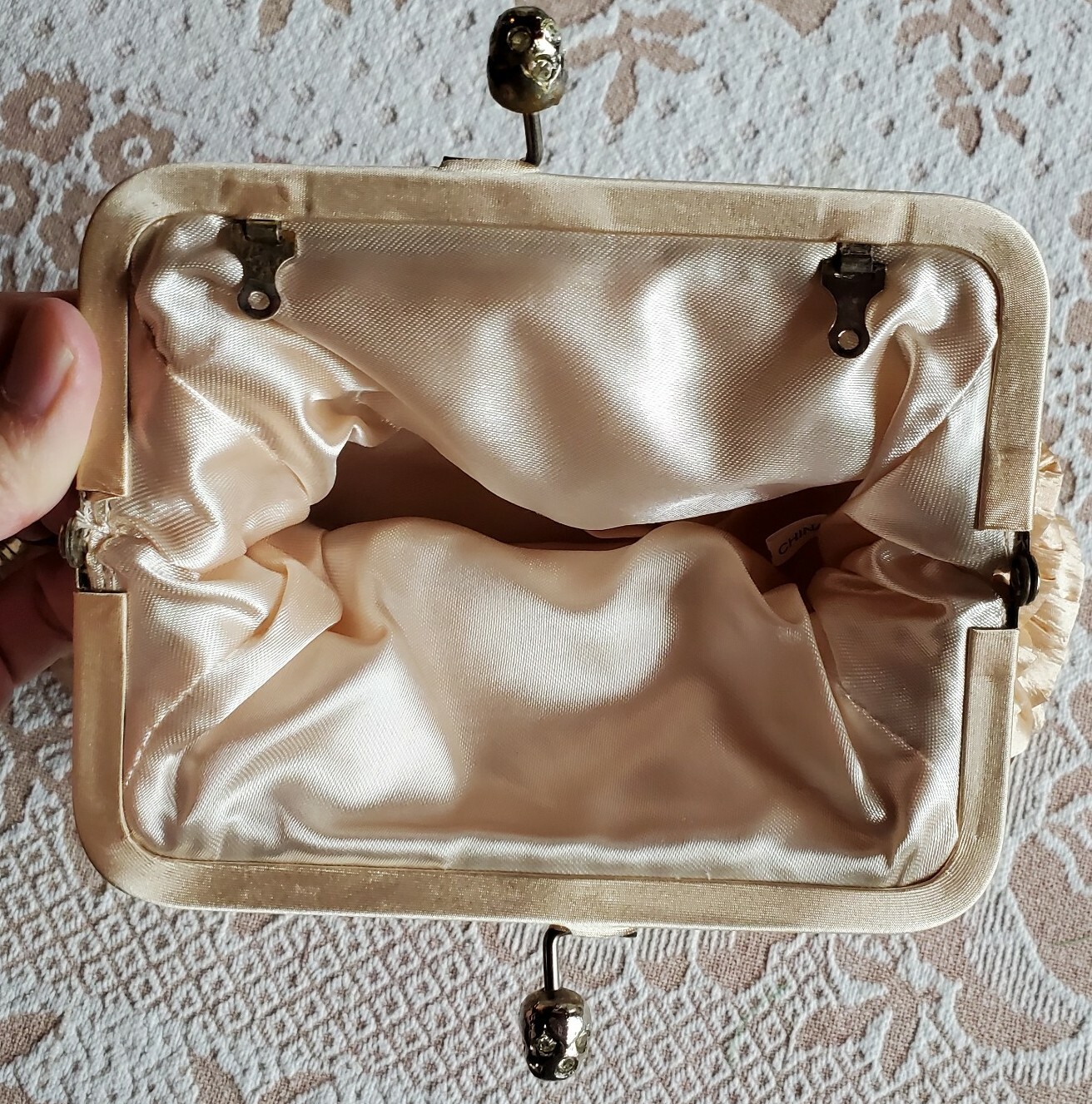 Satin Fabric and Pearl Evening or Wedding Purse, Caramel/Peach