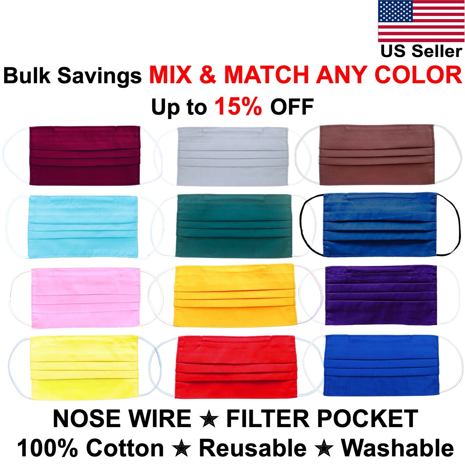 Black Face Mask Washable Reusable with Nose Wire with Filter Pocket Cotton Satin