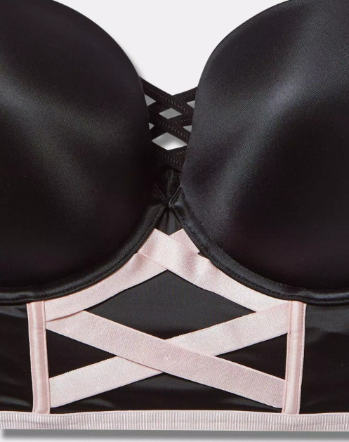 Torrid XO Boost Plunge Push Up Longline Black Shine Bra w Pink Accents 46DD EUC