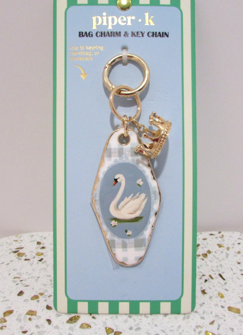 Piper K White Swan Gold Crown Bag Charm Key Chain Wedgewood Blue Gift Bag NEW