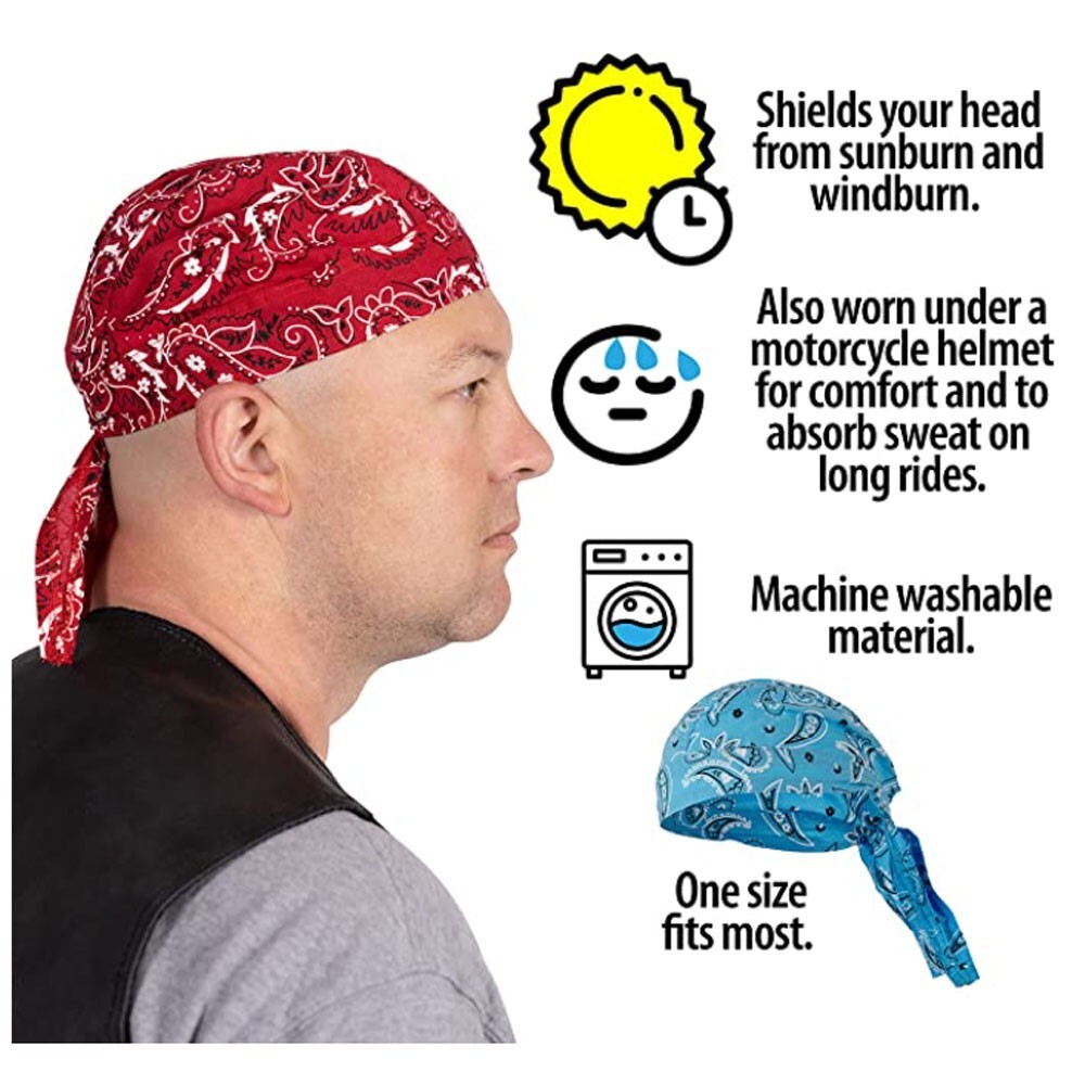 6pc Do Rag Skull Set Cap Black Cotton Du Head Wrap Motorcycle Biker Bandana