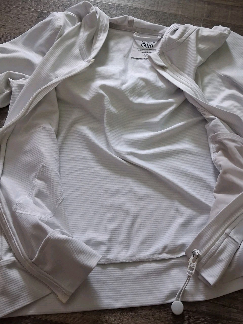 Athleta Girl Sunny Days Jacket Size XL/14 White Hooded Full Zip Activewear Logo