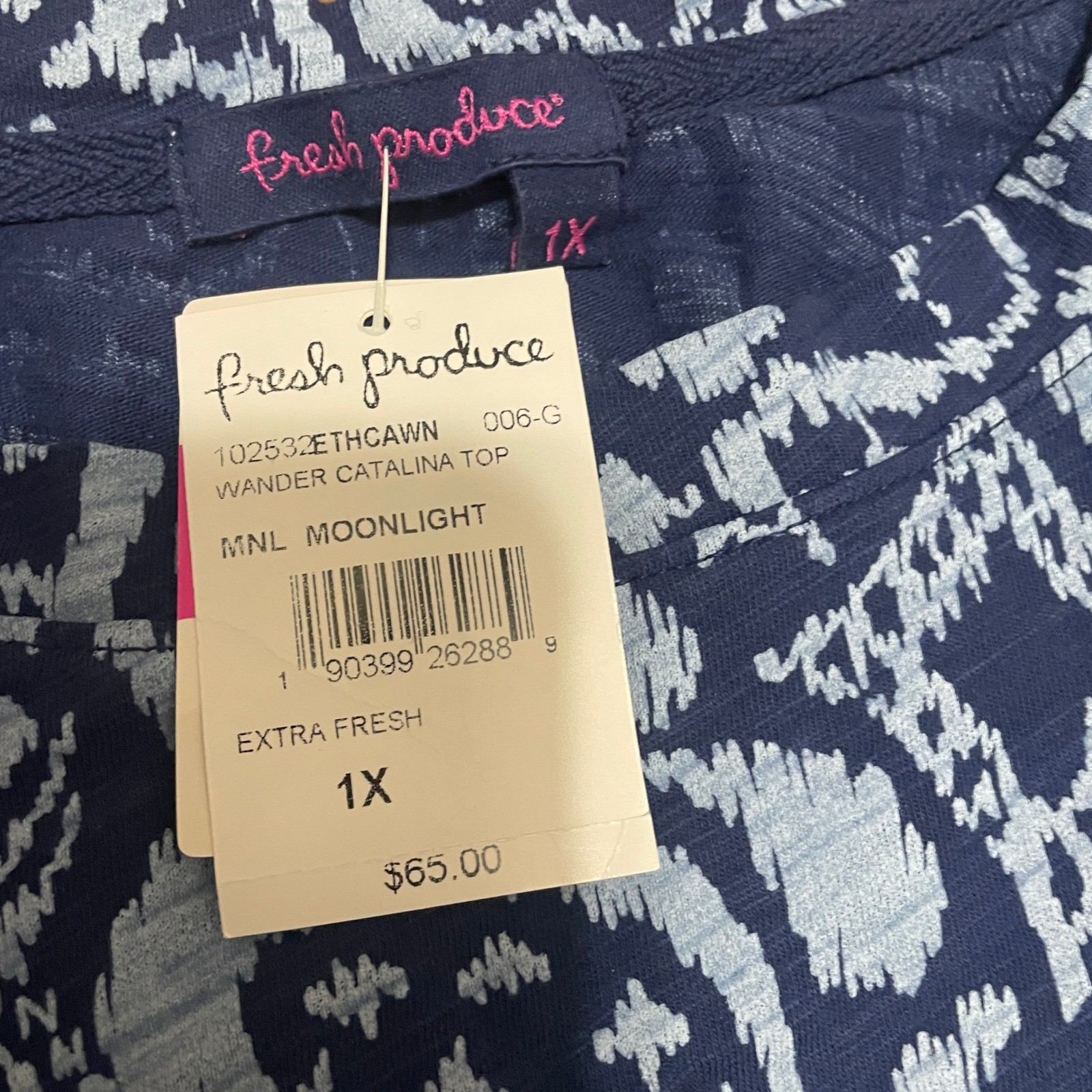 Fresh Produce Wander Catalina Top Women’s 1X Moonlight Blue Ikat Swirl Easy NWT