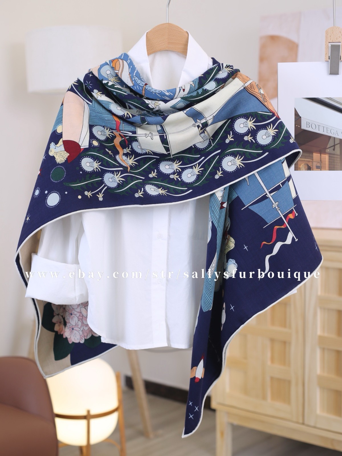Sallys 70% Cashmere & 30% Silk Wrap Scarf Boat Print Double Face Shawl 53″ Navy