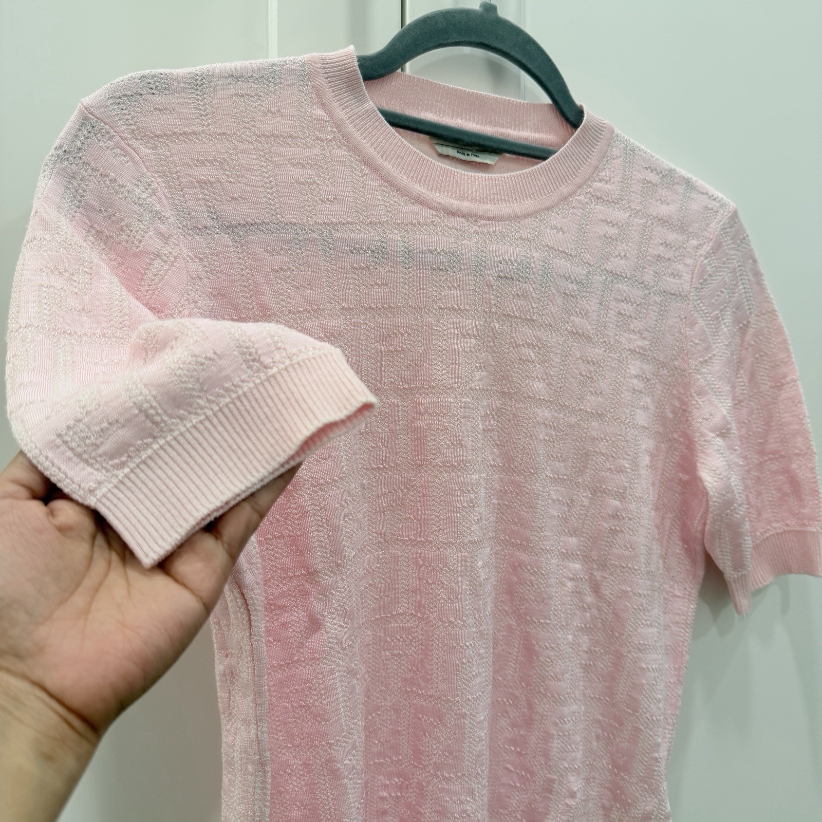 Fendi FF Logo Knit Short Sleeve Sweater Top Pink IT 40 US S Made In Italy