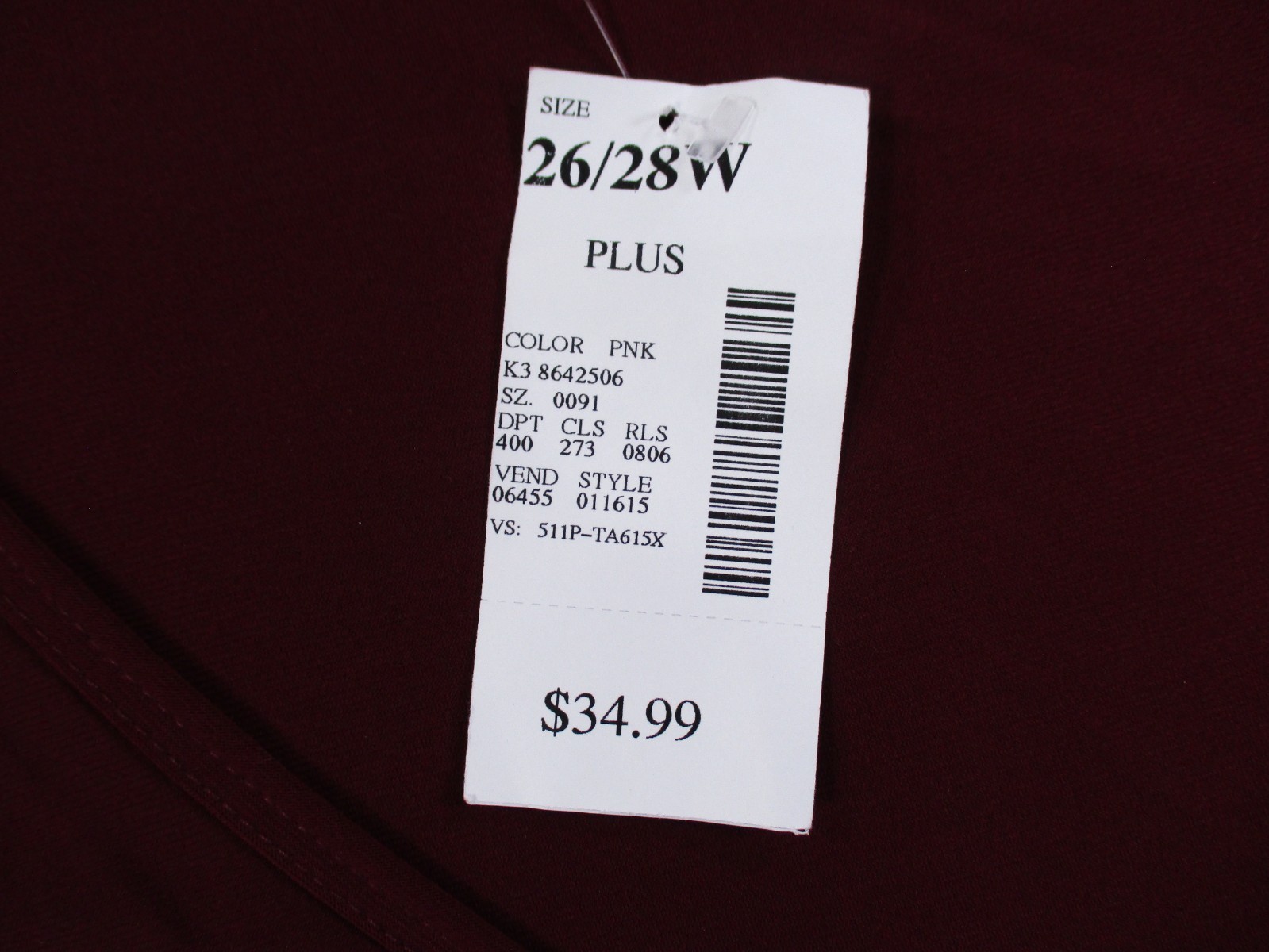 Hot Kiss 26/28W Womens Long Sleeve Shirt Cropped Polyester Spandex Red Wine NWOT