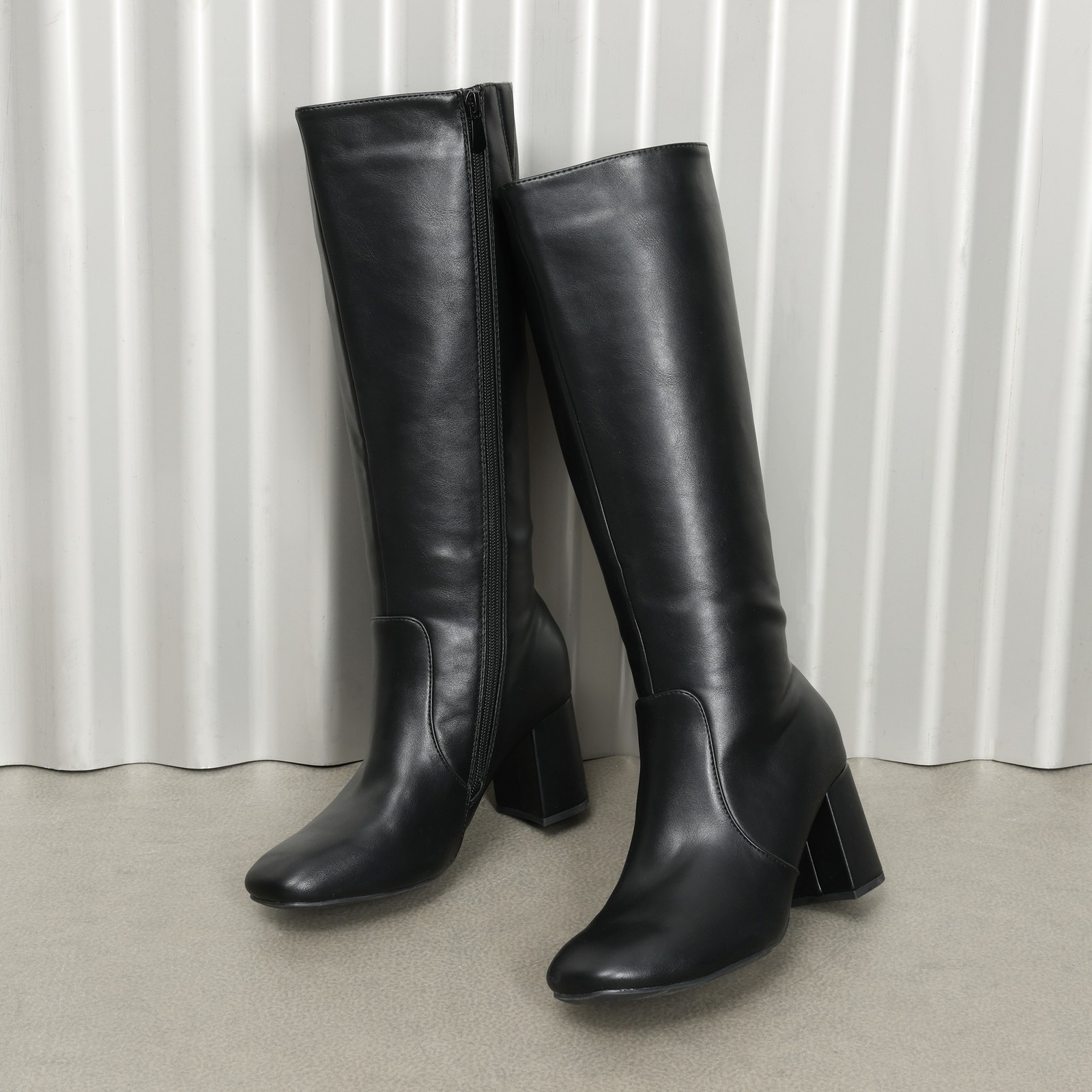 Women Square Toe Low Chunky Block Heel Gogo Boots Zip Up Knee High Boots