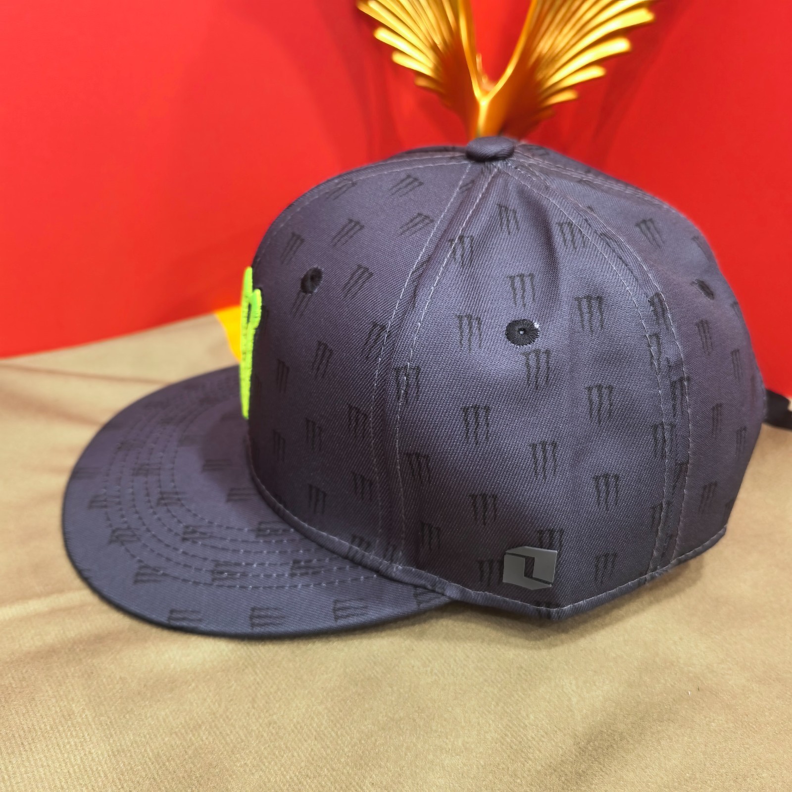 Monster Energy Black All-Over Logo Print Flat-Brim Cap Adjustable