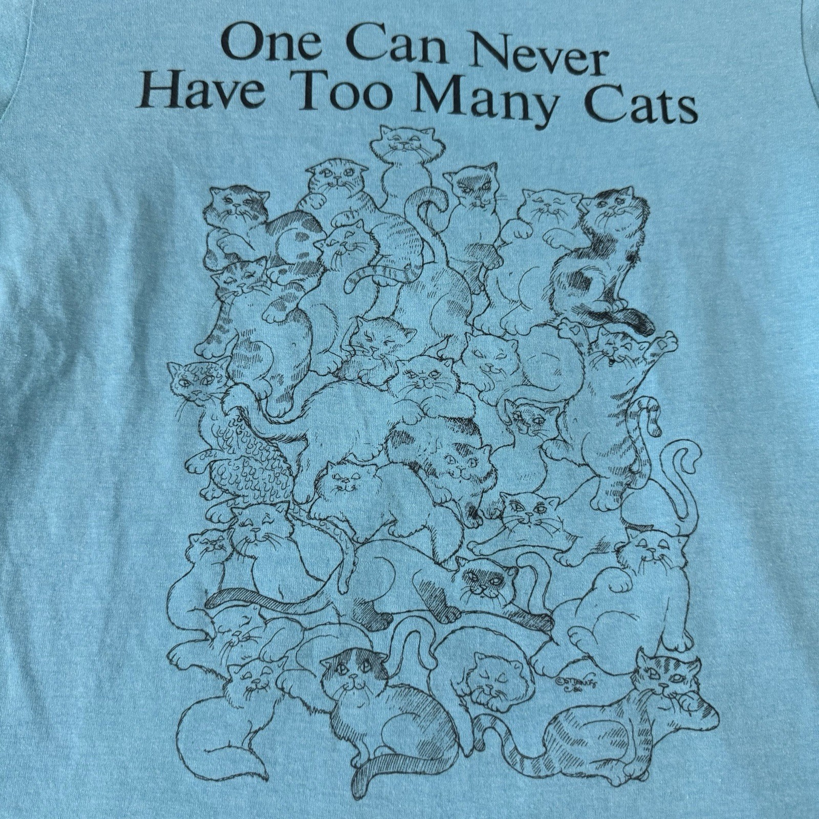 Vintage 80s 1986 Cat Lover T Shirt Blue One Can Never Have Too Many Cats Size M
