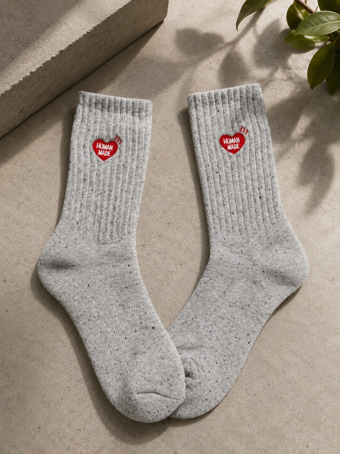 HUMAN MADE Crew Socks Gray Ribbed Knit Cotton Heart Logo 1 Pair Size L