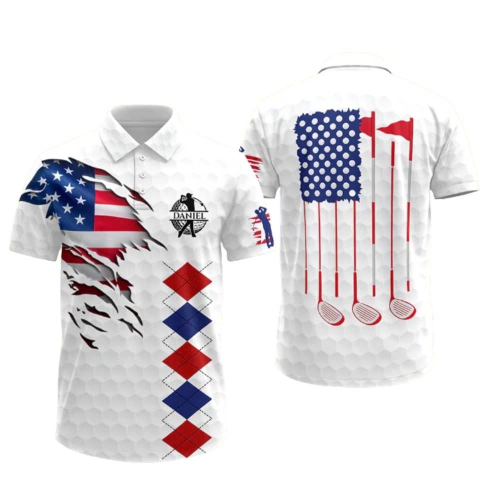 Custom Name American Flag Argyle Golf AOP Shirt Polo Shirt Fullsize S-5XL