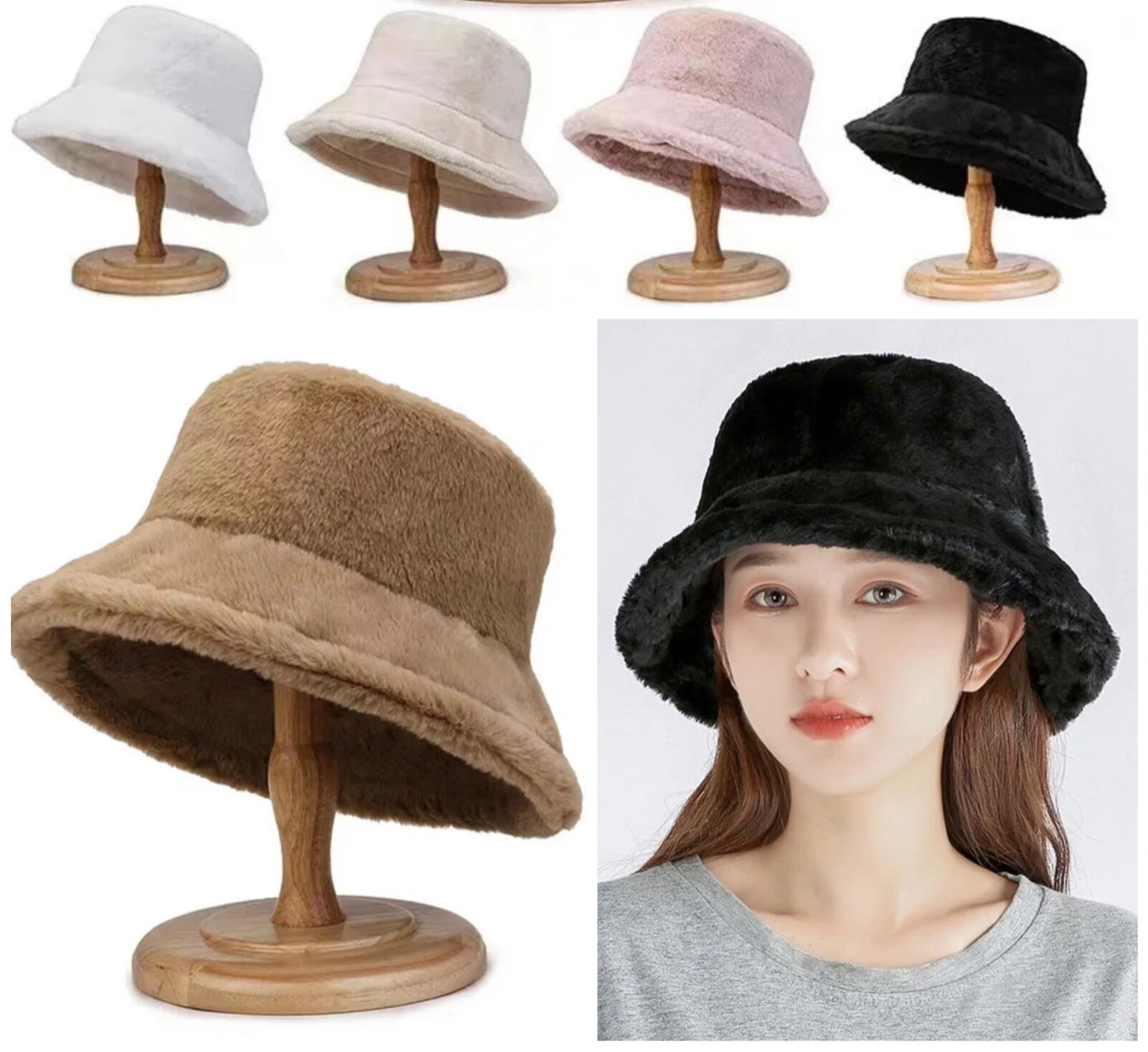Soft Women Plush Cute Winter Bucket Hat Wide Brim Fluffy Fisherman Faux Fur Cap