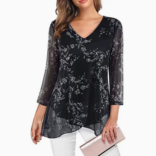 Women’s Asymmetrical Hem Mesh Blouse 3/4 Sleeve V Neck Tunic