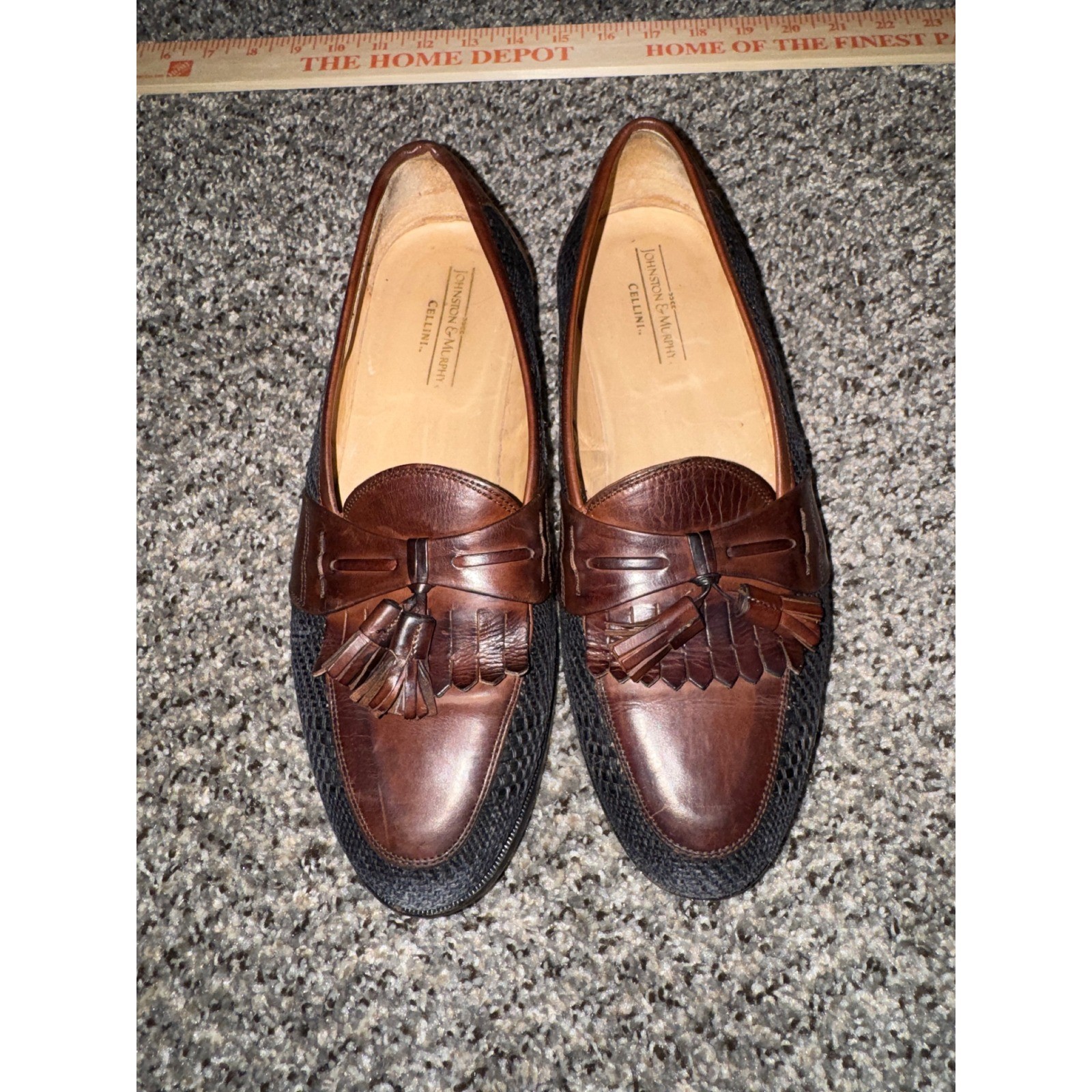 Johnston & Murphy Cellini Mens 9 M Brown Leather Black Woven Tassel Loafers