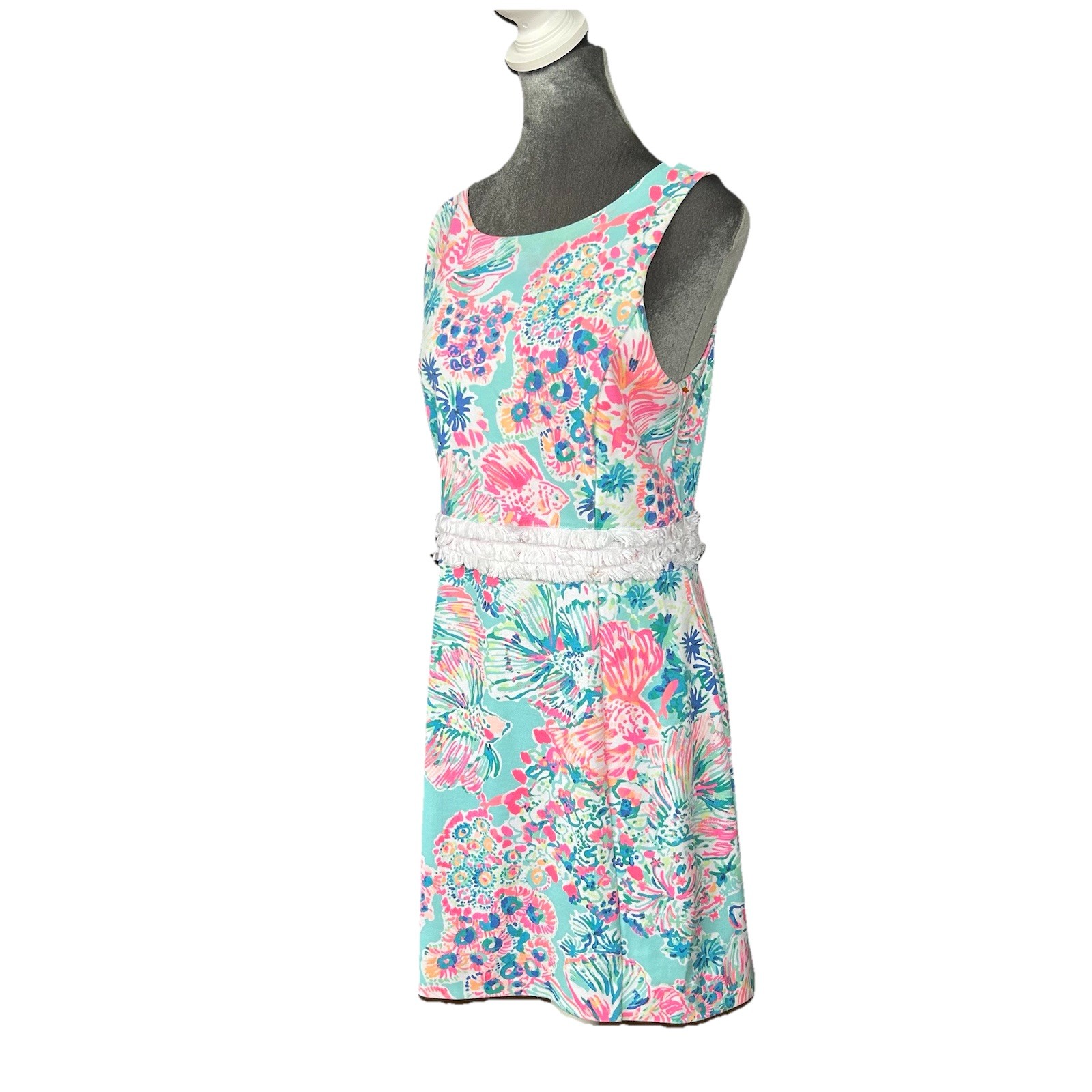 Lilly Pulitzer Arden Mini Shift Dress Serene Blue Gypsea Size Medium Fringe Fish