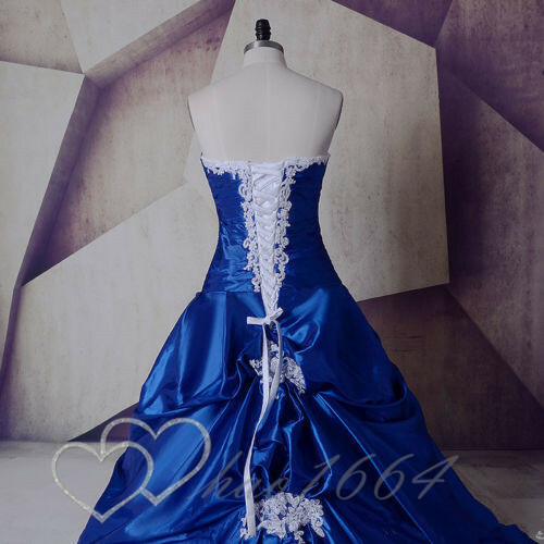Royal Blue White Satin Ball Gown Wedding Dresses Lace Applique Long Train